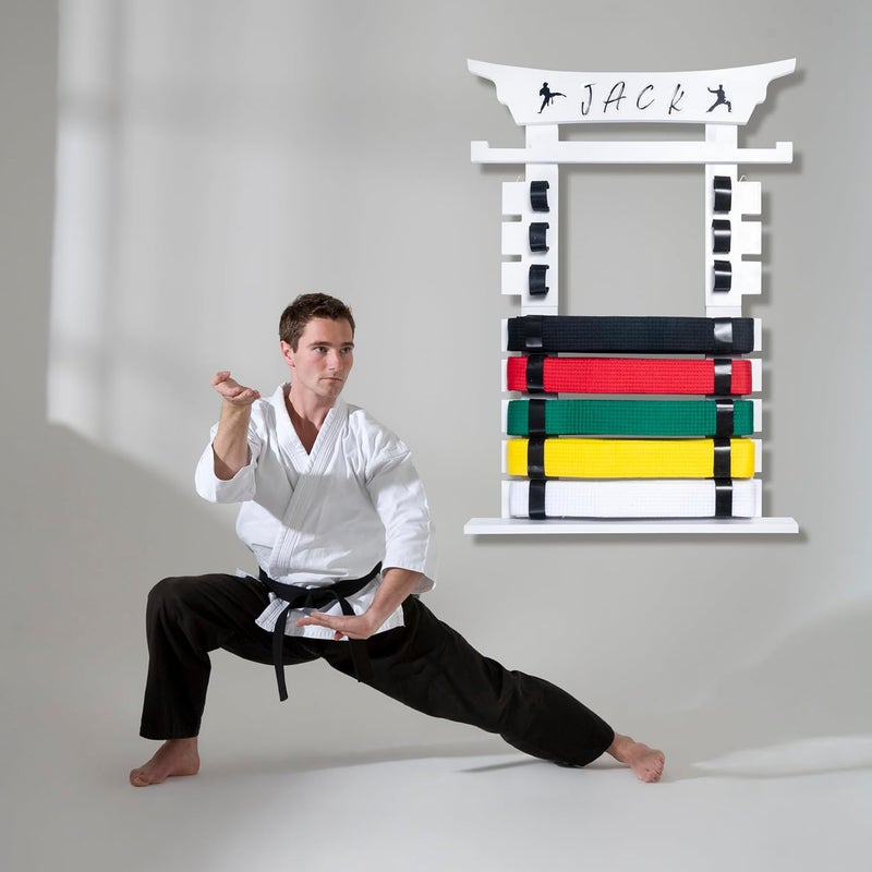 humberboat Wall Karate Belt Display Rack with Medal Hanger and Stickers, Martial Arts Belt Display Holder, 8 Belt Taekwondo Belt Belt Display Hanging Holder for Kids and Adults-Brown - Image 2